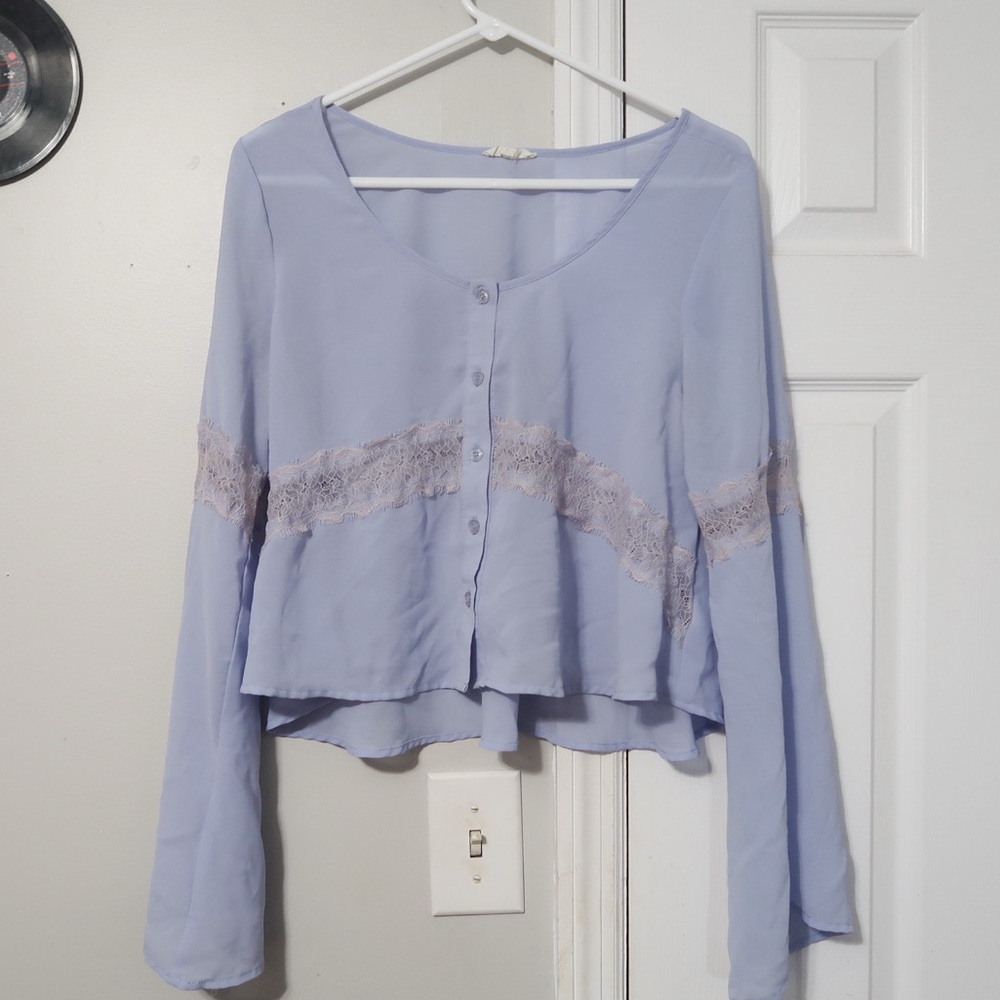 BabyBlue Lace Trim Button-Up Top